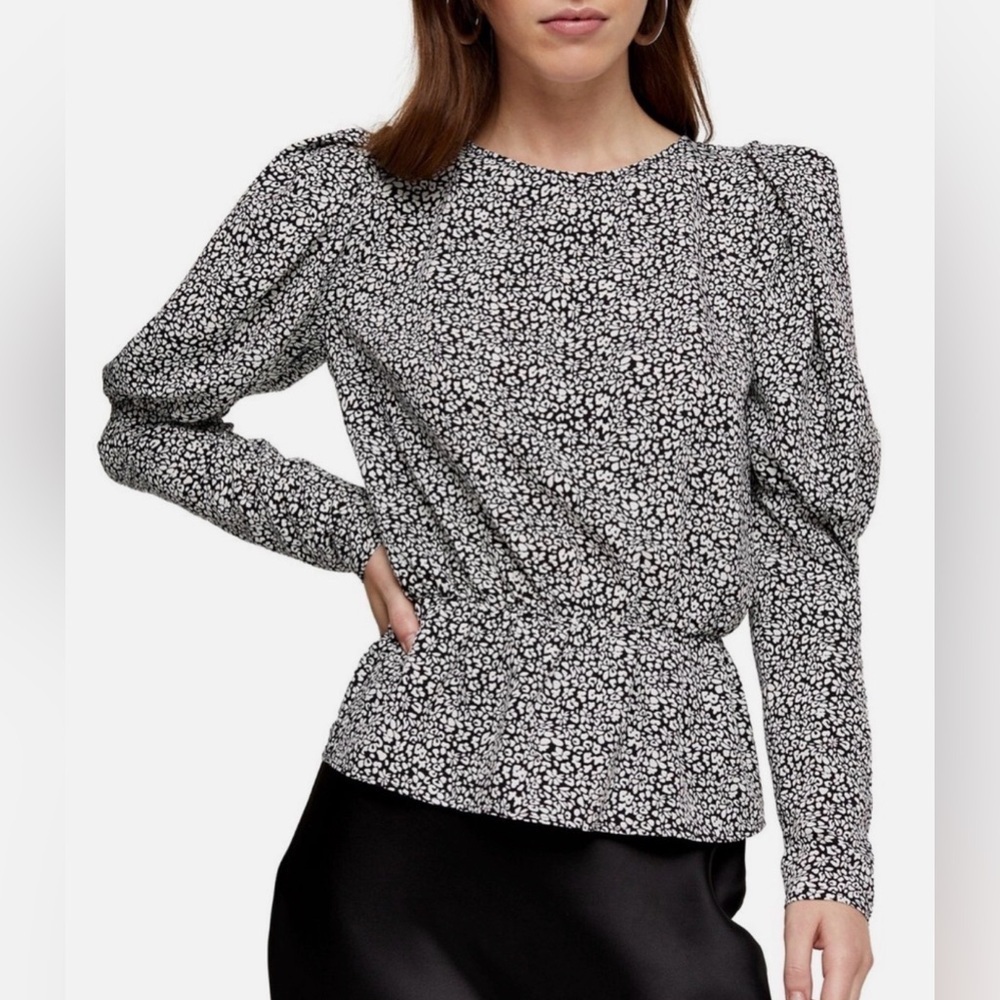 Topshop Black & White Blouse Animal Spot Drama Long Sleeve Top Peplum Size 6